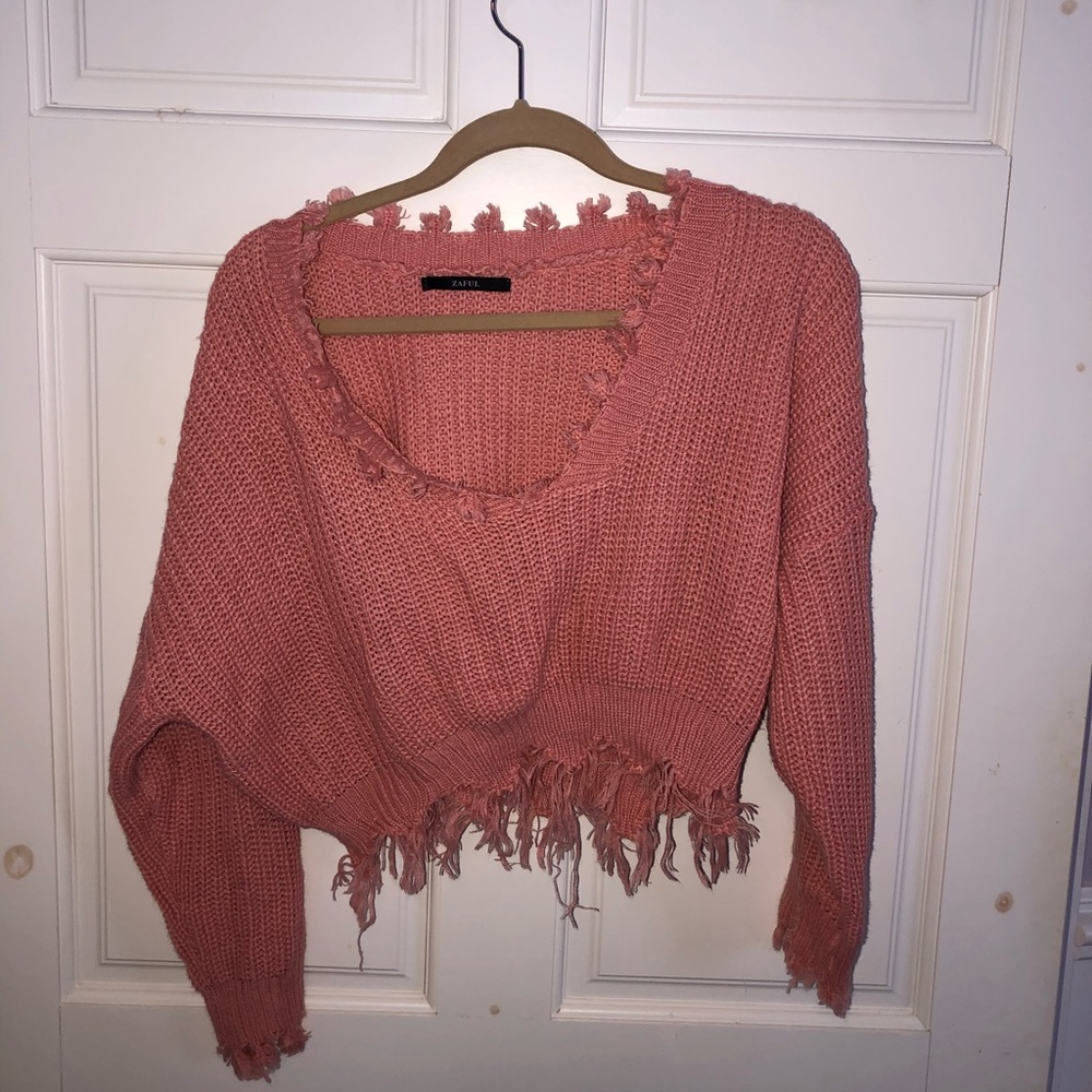 Zaful coral cropped fringe sweater, size large